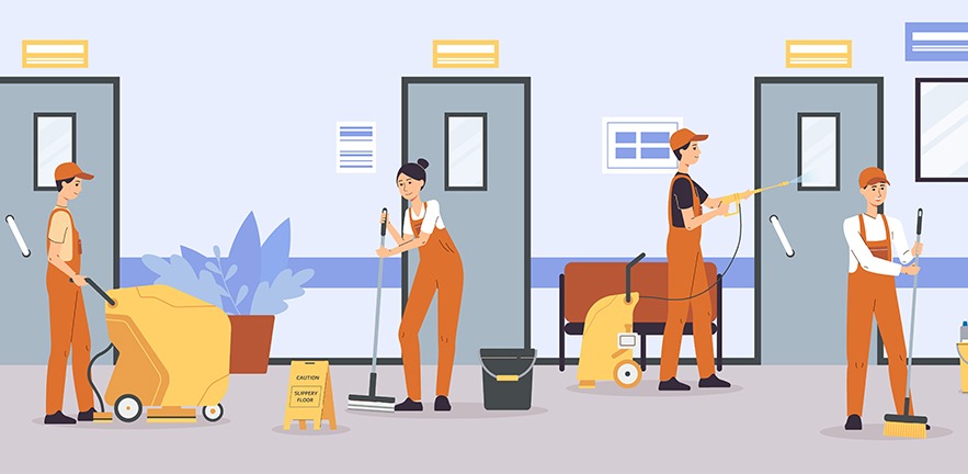 Cleaner service team cleaning floors and walls in office or hospital corridor - cartoon people in uniform using equipment to clean up in business building.