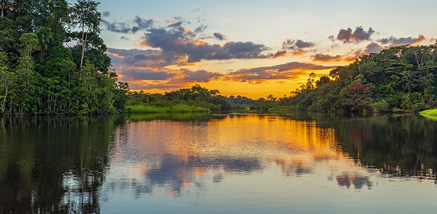 Reflection of a sunset by a lagoon inside the Amazon Rainforest Basin.