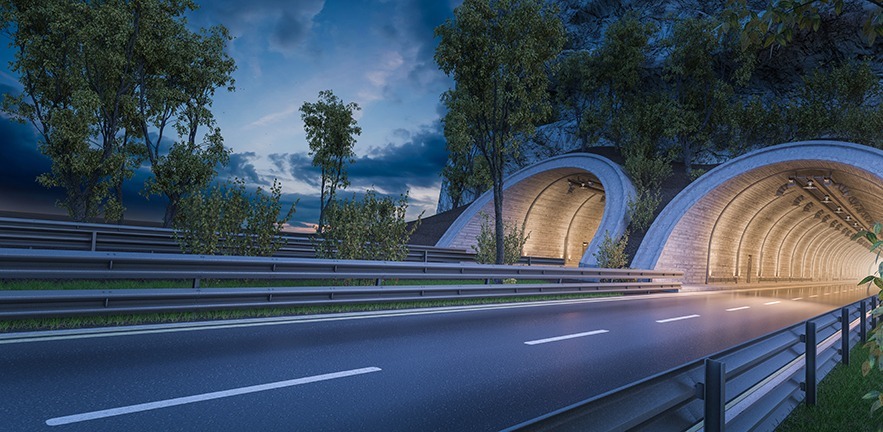 Side by side tunnels with empty roads.