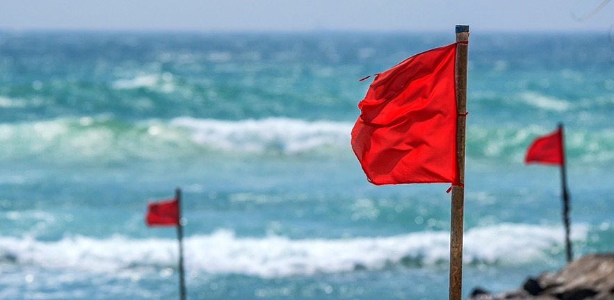 Red flags on a shoreline.