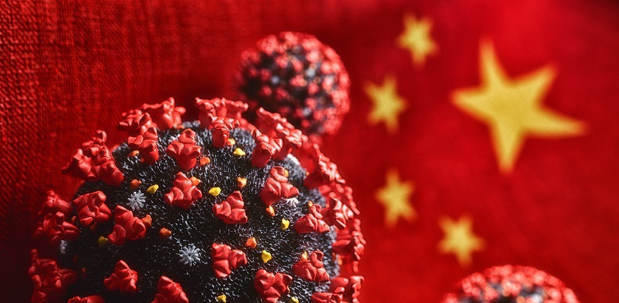 virology concept, floating virus pathogen cells on the Chinese flag background.
