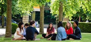 Students chatting on the lawn.