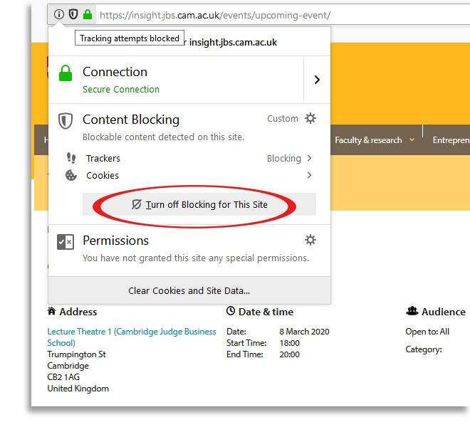 screenshot of what you see when you click on the shield security icon, i.e. the option to turn off blocking for our site