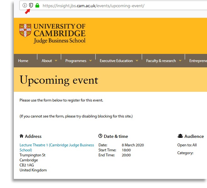 screenshot of the missing form, with an arrow pointing to the shield security icon in the Firefox address bar