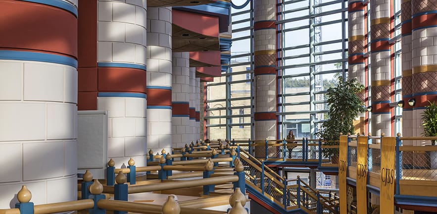 Pillars and giant windows from inside the School.