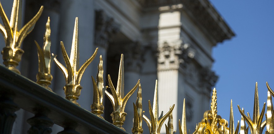The gold-tipped gates of Fitzwilliam Museum, Cambridge.