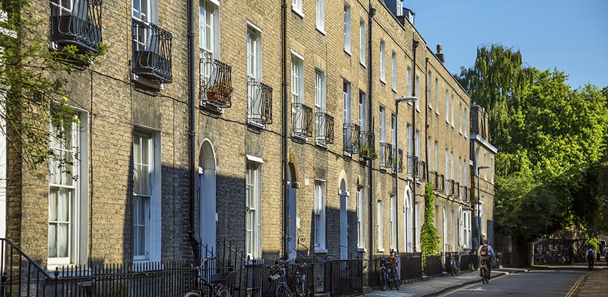 A sunny residential street in Cambridge.