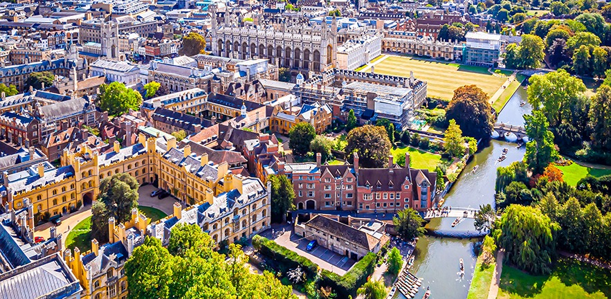 Aerial view of river Cam and the Cambridge Colleges.