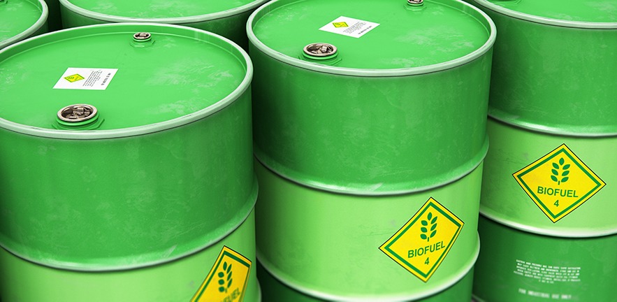 Group of rows of green stacked biofuel drums in storage warehouse.