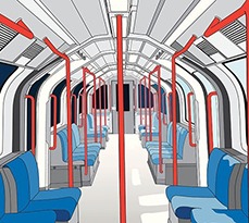 Cartoon style depiction of the inside of a commuter tube train.