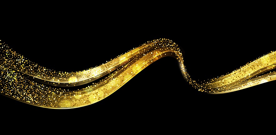 Abstract shiny color gold wave design element with glitter effect on dark background.