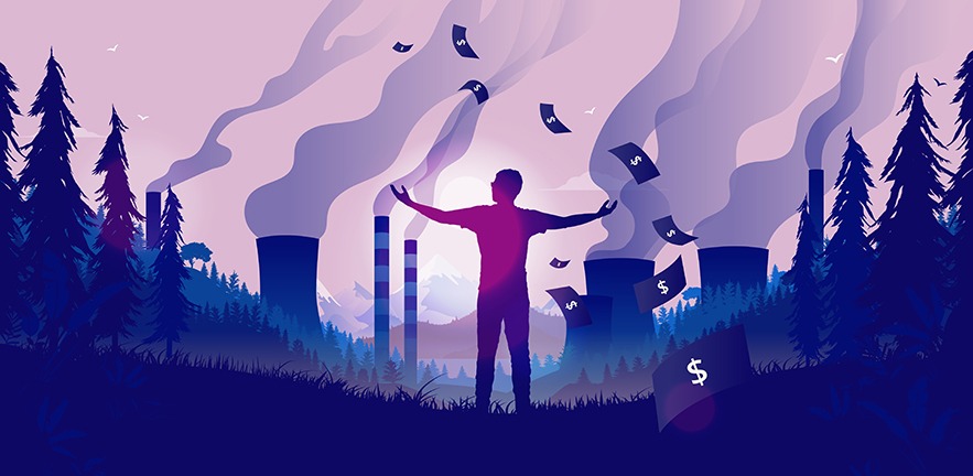 Illustration of a man enjoying the view from polluting factories, smoke is rising, money is raining down.