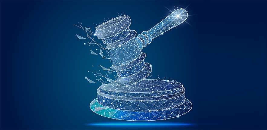Polygonal illustration of a gavel, in the form of constellations in the blue night sky.