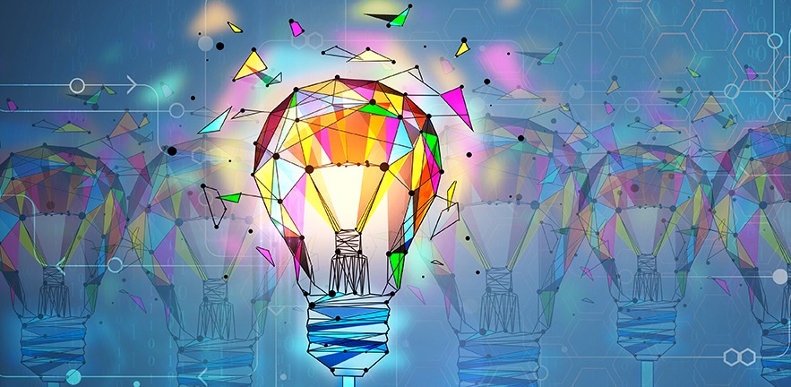 Illustration of a colorful polygonal lightbulb.