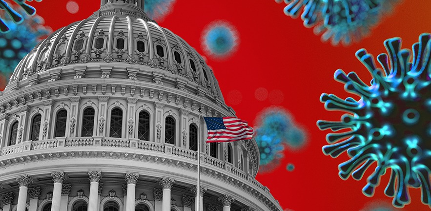 A composite image of the US flag flying in front of the Capitol building, a giant coronavirus approaching over a red background.