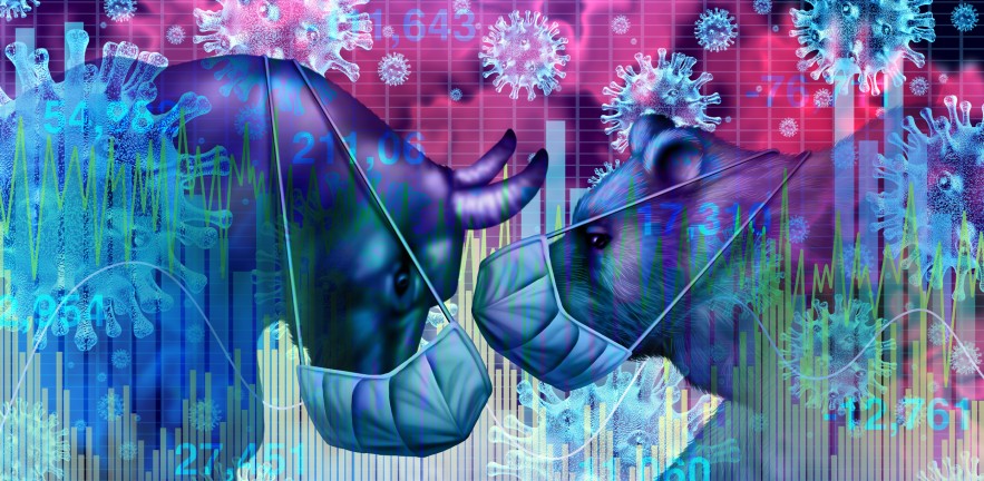 Illustration of a bull and a bear in face masks with stockmarket symbols and the coronavirus around them.
