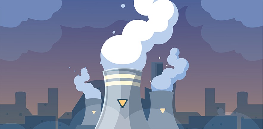 Illustration of a nuclear power plant at dusk, with white smoke billowing upwards into the evening sky.