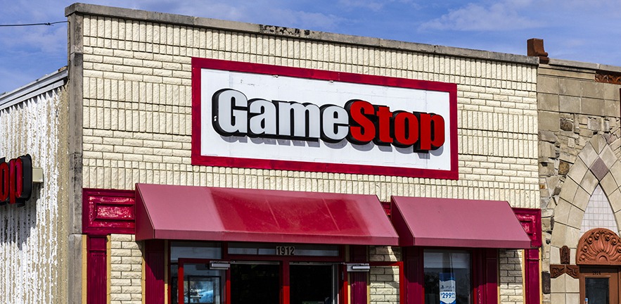 The rather tatty frontage of a GameStop shop in Kokomo, Indiana.