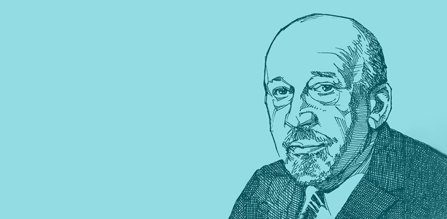 Sketch portrait of W.E.B. Du Bois with cyan-blue overlay.