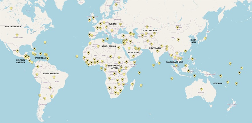 World map showing the global distribution of participants on the first six cohorts of the programme. The map shows that there were participants from or headquartered in over 135 countries across six continents.