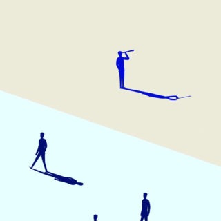 Split screen illustration. On one half people walking in the same direction, on the other a single person looking through a telescope.
