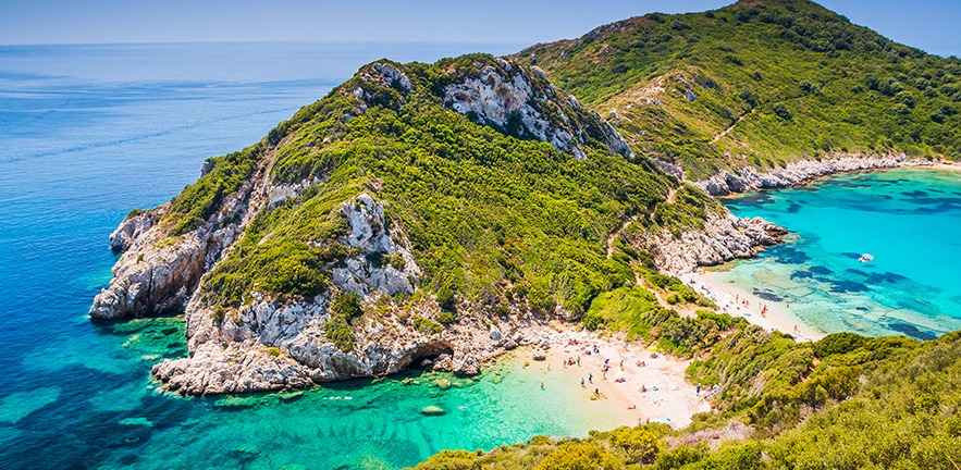 Aerial view of Porto Timoni beach on the Greek island of Corfu.