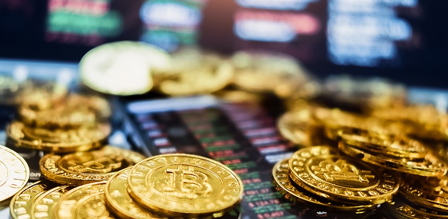 New virtual money concept, gold Bitcoins.