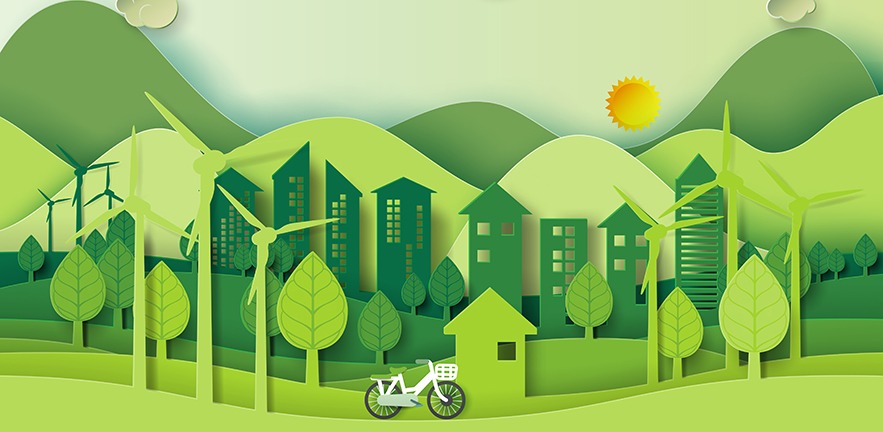 In the style of paper cut art, a panorama of trees, wind turbines, houses and hills, with a bicycle in the foreground.