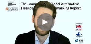 Screen still from the 2nd global alternative finance market benchmarking webinar. Shows the host Hunter Sims introducing the webinar.