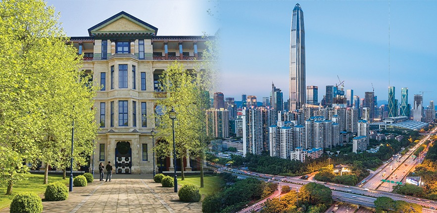 A composite image of Cambridge Judge Business School, and the skyscrapers of Shenzhen in China.