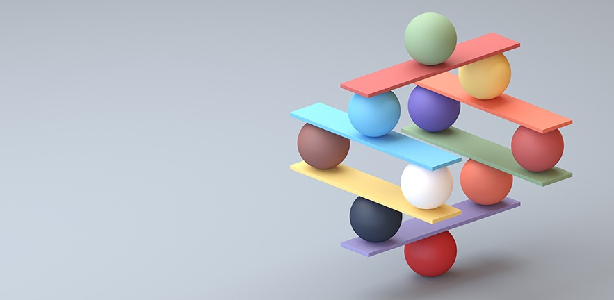 Digital illustration of a delicate balancing of colourful balls and planks.