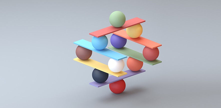 Digital illustration of a delicate balancing of colourful balls and planks.