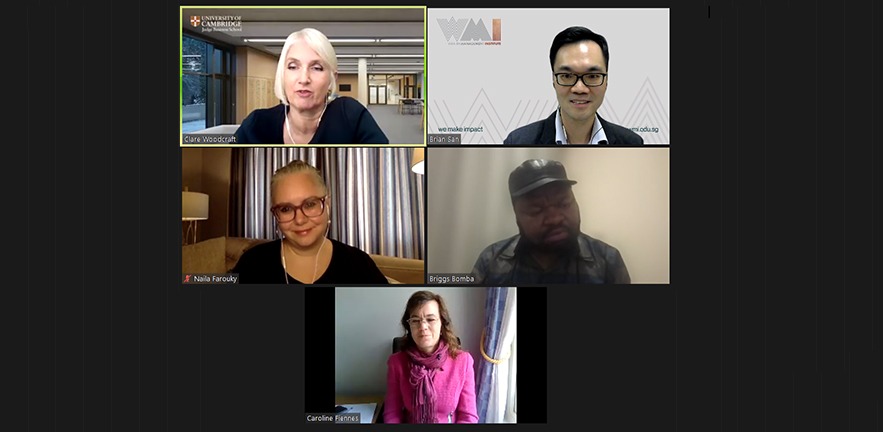 Screenshot of a Zoom meeting between Clare Woodcraft, Brian San, Naila Farouky, Briggs Bomba and Caroline Fiennes.