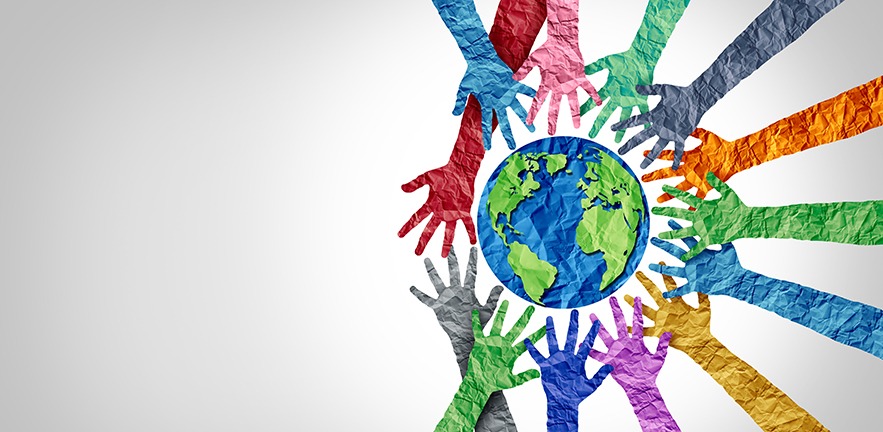 Global culture and world diversity or earth day and international cultures as a concept of diverse races and crowd cooperation symbol as hands holding together the planet earth.