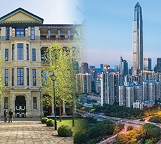 A composite image of Cambridge Judge Business School, and the skyscrapers of Shenzhen in China.