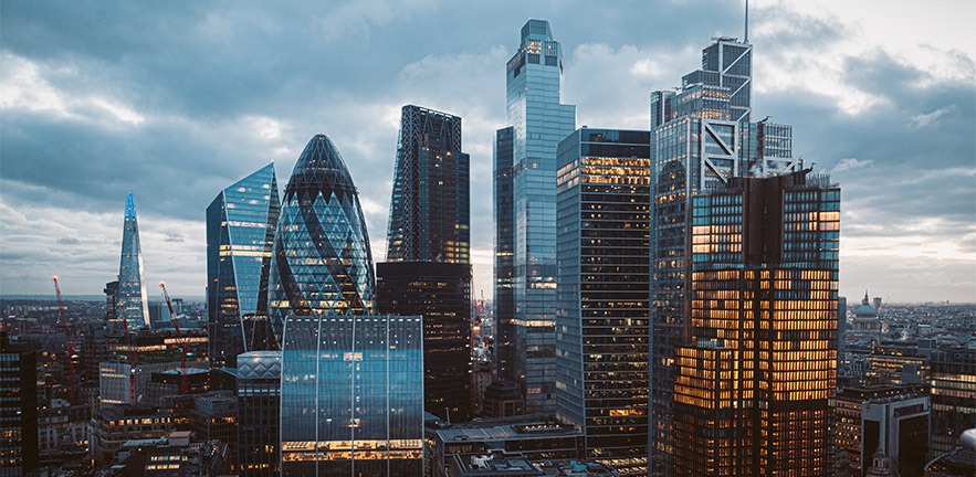 Panoramic view of The City of London cityscape skyline - Credit Suisse Investment Returns Yearbook 2022.