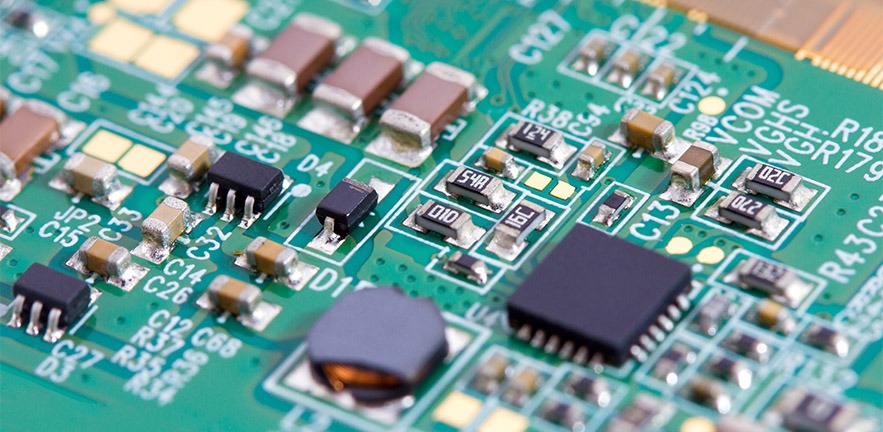 Circuit board with microchip closeup.