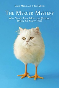 Cover of the book 'The Merger Mystery', showing a cat with the legs of a chicken.