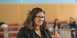 Female lecturer teaching on the Master of Studies in Entrepreneurship in Cambridge.