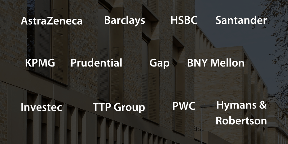 Our clients include: AstraZenca, Barclays, HSBC, Santander, KPMG, Prudential, Gap, BNY Mellon, Investec, TTP Group, PWC, Hymans & Robertson.