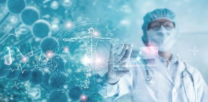 Medicine doctor holding hologram virtual interface electronic medical record.