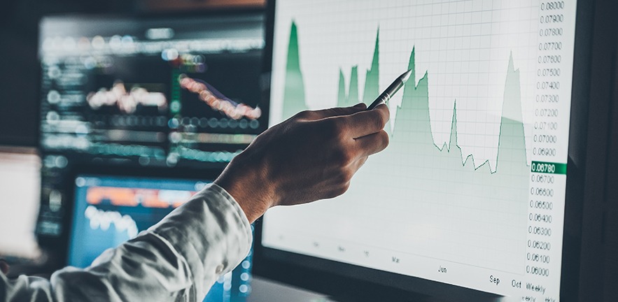 Close-up of young businessman pointing on the data presented in the chart on a computer screen.