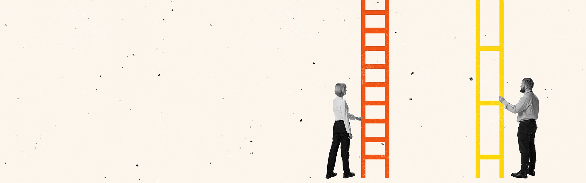 A man and woman stand holding ladders of success with unequal steps.