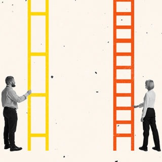 A man and woman stand holding ladders of success with unequal steps.