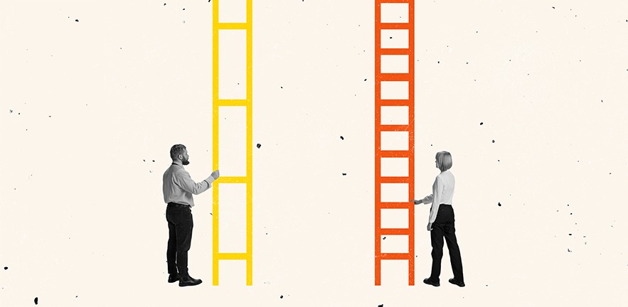 A man and woman stand holding ladders of success with unequal steps.