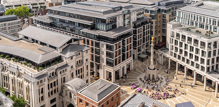 London stock exchange building at Paternoster Square next to St Paul's Cathedral in the City of London, England.