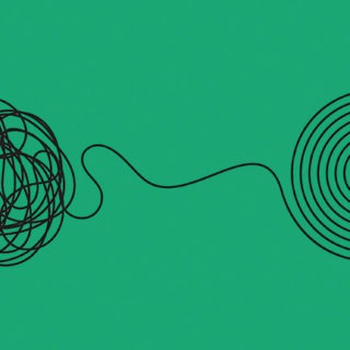 Illustration of a messy ball of string being untangled into a neat spiral.