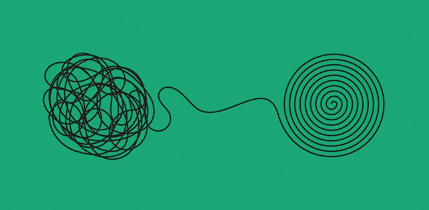 Illustration of a messy ball of string being untangled into a neat spiral.