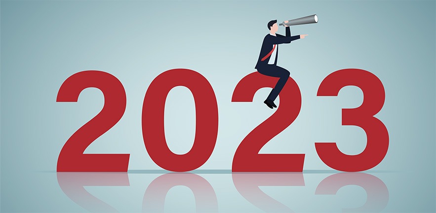 Illustration of a man with a telescope sitting on a large "2023" sign and looking to the future.