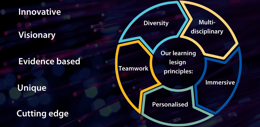 Learning design principles: diversity, multi-disciplinary, immersive, personalised, teamwork; innovative, visionary, evidence-based, unique, cutting-edge.